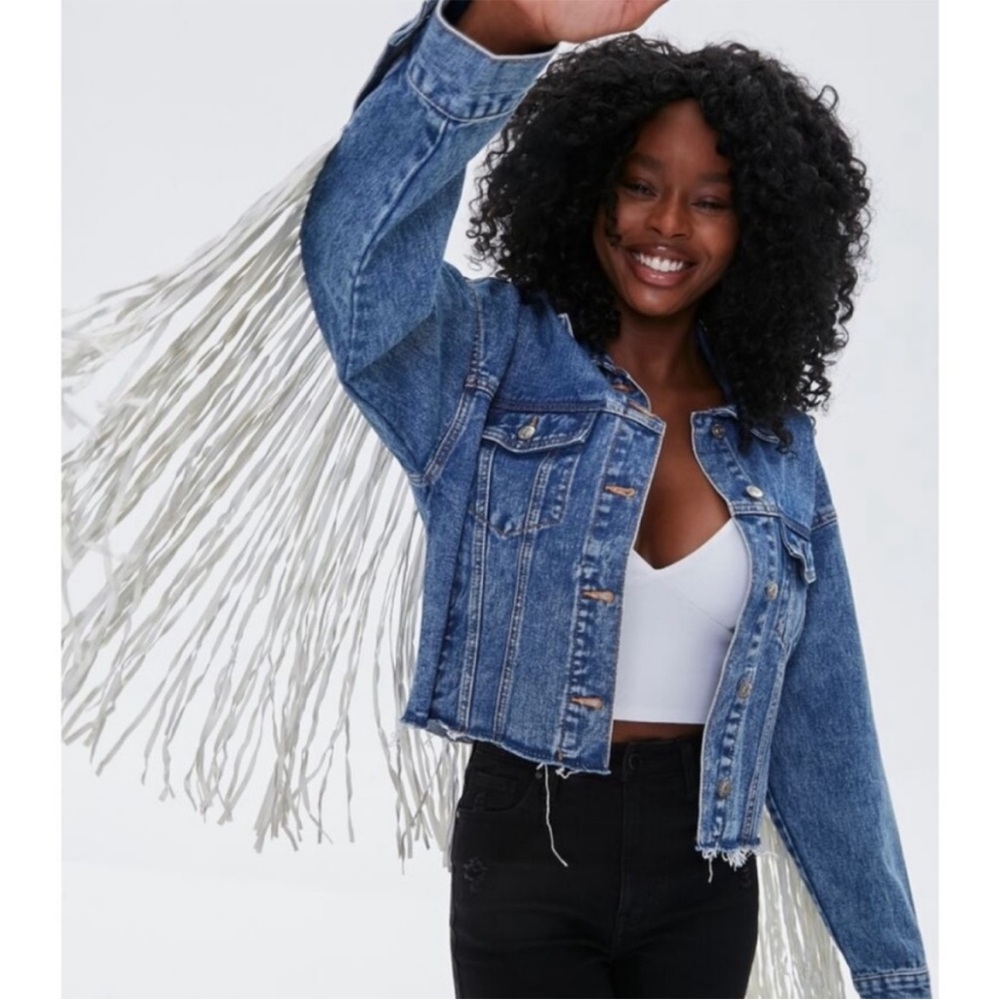 FOREVER 21 Jean Jacket w/Faux Leather Fringe | Size Large